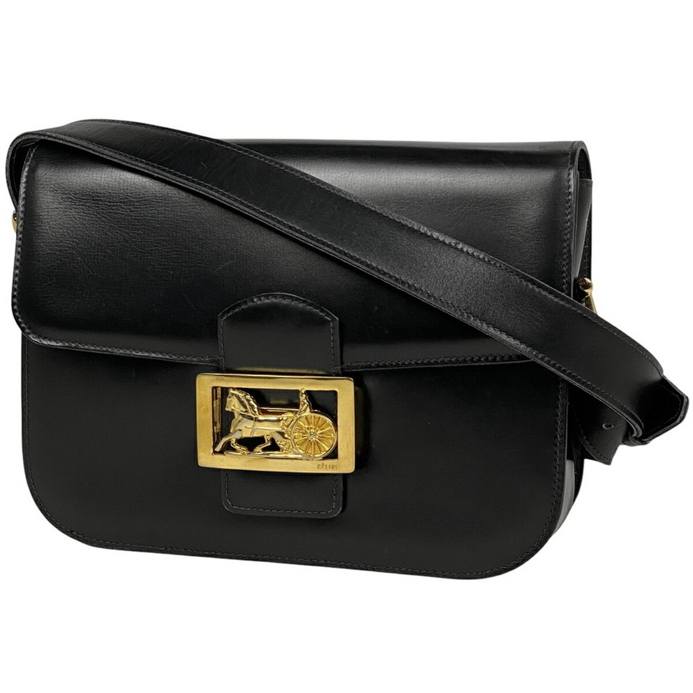 Celine Carriage Shoulder Bag Logo Leather Black
